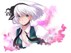  black_hairband blue_eyes commentary_request female hairband konpaku_youmu open_clothes open_shirt photoshop_(medium) shirt short_hair solo touhou white_hair zen_(raspberry) 