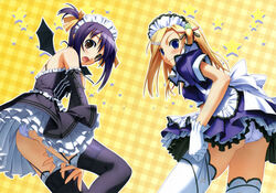  2girls absurdres bat_wings blonde_hair blue_eyes blush brown_eyes detached_sleeves fangs gloves gothic_lolita hair_ornament hairclip highres horiuchi_sana lolita_fashion maid multiple_girls murakami_suigun panties pantyshot pia_carrot_(series) pia_carrot_e_youkoso!!_g.o. purple_hair thighhighs underwear waitress white_panties white_thighhighs wings yaegashi_kanae 