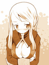  agrias_oaks b.tarou blush braid braided_ponytail breasts cleavage female final_fantasy final_fantasy_tactics large_breasts lowres monochrome photoshop_(medium) single_braid solo 