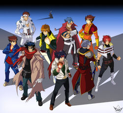  6+boys belt boots chuunioniika coat domon_kasshu g_gundam gaogaigar getter_robo gloves gundam headband kamina_(ttgl) katana kings_of_/m/ male_focus multiple_boys nagare_ryoma scarf shishiou_gai super_robot_wars sword tengen_toppa_gurren_lagann trench_coat weapon yuusha_ou_gaogaigar yuusha_series 