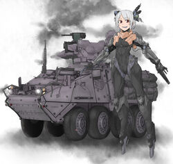  android armored_vehicle bad_id bad_pixiv_id bodysuit cable copyright_request female grey_tongue ground_vehicle gun mecha_musume military military_vehicle muscular photoshop_(medium) red_eyes sigama silver_hair smoke solo stryker tongue vehicle_focus weapon white_hair 