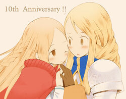  2girls :o agrias_oaks anniversary armor b.tarou beige_background blonde_hair blush braid brown_gloves closed_mouth couple final_fantasy final_fantasy_tactics gloves heads_together long_hair long_sleeves looking_at_another multiple_girls one_eye_closed ovelia_atkascha parted_bangs pauldrons photoshop_(medium) shoulder_armor side_braid sidelocks simple_background single_braid smile upper_body yuri 