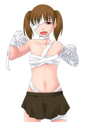  :d bandages blush brown_eyes brown_hair brown_skirt collarbone eyepatch female fukuzawa_yumi looking_at_viewer maria-sama_ga_miteru midriff mummy navel open_mouth sarashi simple_background skirt smile solo stomach toshifumi white_background 