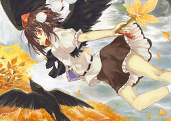  bird black_wings book brown_hair commentary_request crow female flying hand_fan hat hauchiwa kouno_matsuri looking_at_viewer open_mouth shameimaru_aya short_hair skirt smile socks solo touhou wings 