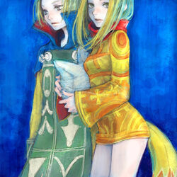  2girls animal_ears arithmetician_(fft) bad_id bad_pixiv_id blonde_hair fake_animal_ears fake_tail final_fantasy final_fantasy_tactics green_eyes grey_eyes kno_(anahita) long_hair mask mime_(fft) multiple_girls robe tail unworn_mask 