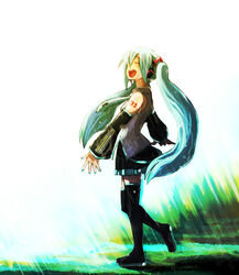  aqua_hair aqua_nails bare_shoulders black_skirt boots closed_eyes commentary detached_sleeves female full_body grey_shirt hair_ornament hatsune_miku headphones kusaka_yoru long_hair miniskirt necktie open_mouth photoshop_(medium) pleated_skirt rain shirt shoulder_tattoo skirt sleeveless sleeveless_shirt solo tattoo thigh_boots thighhighs twintails very_long_hair vocaloid walking zettai_ryouiki 