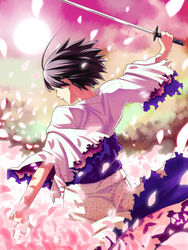  black_hair closed_eyes commentary_request female japanese_clothes kara_no_kyoukai kimono nazo_kichi painttool_sai_(medium) petals ryougi_shiki short_hair solo sword weapon white_kimono 