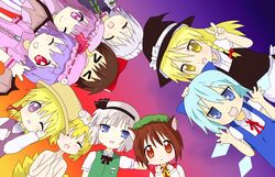  6+girls animal_ears bad_id bad_pixiv_id blonde_hair chen cirno derivative_work hakurei_reimu hat ice ice_wings izayoi_sakuya kimineri kirisame_marisa konpaku_youmu lucky_star mob_cap moriya_suwako multiple_girls nude parody patchouli_knowledge remilia_scarlet touhou wings witch_hat yakumo_ran 