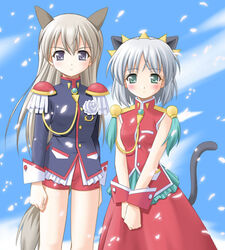  2girls aiguillette animal_ears bad_id bad_pixiv_id cat_ears cat_girl cat_tail cosplay eila_ilmatar_juutilainen epaulettes fox_ears fox_girl fox_tail green_eyes grey_hair himemiya_anthy himemiya_anthy_(cosplay) long_hair multiple_girls petals purple_eyes sanya_v._litvyak shiumai short_hair shoujo_kakumei_utena strike_witches tail tenjou_utena tenjou_utena_(cosplay) world_witches_series 