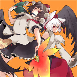  2girls animal_ears black_hair black_wings commentary_request hat inubashiri_momiji multiple_girls nail_polish notebook pen photoshop_(medium) red_eyes red_nails shameimaru_aya short_hair touhou white_hair wings wolf_ears zen_(raspberry) 