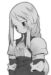  agrias_oaks armor b.tarou blush braid braided_ponytail female final_fantasy final_fantasy_tactics greyscale knight long_hair lowres monochrome photoshop_(medium) single_braid solo 