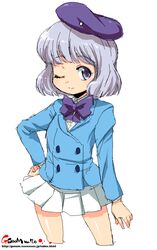  b.a.b.e.l._uniform commentary_request female grey_eyes grey_hair hat jaggy_lines oekaki one_eye_closed onija_tarou sannomiya_shiho short_hair solo watermark web_address zettai_karen_children 