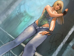  blonde_hair corset denim female fingerless_gloves gloves jayun jeans lili_(tekken) long_hair pants photoshop_(medium) solo tekken 