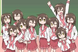  &gt;_&lt; 6+girls brown_hair chuubatsu_nagano clone closed_eyes commentary_request kusakabe_misao lowres lucky_star motteke!_serafuku multiple_girls neckerchief oekaki oerba_yun_fang one_eye_closed red_neckerchief ryouou_school_uniform school_uniform serafuku yellow_eyes 