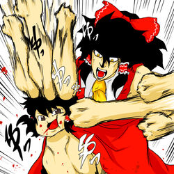  araki_hirohiko_(style) attack black_hair blood comic_panel_redraw commentary_request derivative_work female grey_eyes hakurei_reimu jojo_no_kimyou_na_bouken knees long_hair parody photoshop_(medium) punching ribbon shouting star_platinum style_parody tao_(white_album) touhou yellow_eyes yukkuri_abuse yukkuri_shiteitte_ne 