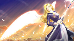  angel_wings blonde_hair blue_eyes feathered_wings feathers female glycine_bleumer halberd itsuki_torii polearm sakura_taisen sakura_taisen_iii sky solo sunset weapon wings 