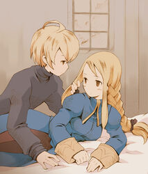  1boy agrias_oaks ahoge b.tarou blonde_hair braid couple female final_fantasy final_fantasy_tactics lowres lying photoshop_(medium) ramza_beoulve single_braid straight 