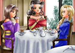  3girls armchair bare_shoulders black_hair blonde_hair blue_eyes brown_eyes brown_hair chair cheesecake creamer_(vessel) cup dress earrings food fork glycine_bleumer green_eyes holding holding_cup holding_fork japanese_clothes jewelry kanzaki_sumire kimono long_hair multiple_girls ponytail round_table sakura_taisen sakura_taisen_ii sakura_taisen_iii saucer short_hair sirotuka_lambda soletta_orihime table tablecloth tea_set teacup teapot 