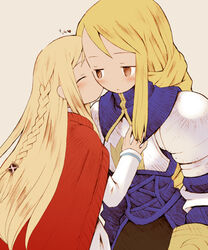  2girls agrias_oaks armor b.tarou blonde_hair blush couple final_fantasy final_fantasy_tactics kissing long_hair lowres multiple_girls ovelia_atkascha yuri 