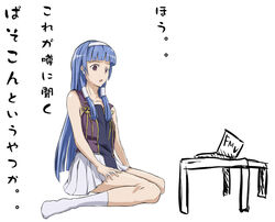  blue_hair blunt_bangs computer female flat_chest hair_tubes hairband kannagi laptop long_hair nagi_(kannagi) open_mouth oumi_(rsag) photoshop_(medium) pleated_skirt purple_eyes sitting skirt socks solo table translated very_long_hair vest white_skirt 