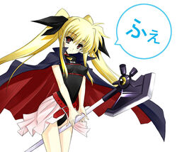  axe bardiche_(device_form)_(nanoha) bardiche_(nanoha) between_legs blonde_hair cape chest_belt fate_testarossa fate_testarossa_(original_form) female long_hair lyrical_nanoha mahou_shoujo_lyrical_nanoha no_gloves pink_skirt red_eyes serizawa_katsumi showgirl_skirt skirt solo twintails two-sided_cape two-sided_fabric weapon 