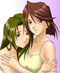  2girls blush brown_eyes brown_hair fujieda_kaede fujii_kasumi heyzo hug long_hair multiple_girls sakura_taisen sakura_taisen_ii short_hair 