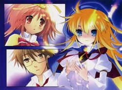  1boy 2girls akihime_sumomo artist_request blonde_hair blue_eyes brown_eyes brown_hair hat long_hair multiple_girls nanatsuiro_drops prima_aspallas red_eyes red_hair ribbon serious short_hair tsuwabuki_masaharu 