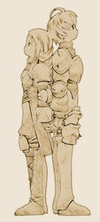  1boy agrias_oaks ahoge armor b.tarou braid female final_fantasy final_fantasy_tactics long_hair monochrome photoshop_(medium) ramza_beoulve sepia single_braid spikes 