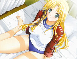  aqua_eyes barefoot bed blonde_hair blue_buruma blush breasts buruma closed_mouth double_vertical_stripe embarrassed female from_above game_cg groin gym_shirt gym_uniform hair_ribbon hand_on_own_chest headshop indoors jacket kareha large_breasts light_smile long_hair long_sleeves looking_at_viewer on_bed open_clothes open_jacket parted_bangs photoshop_(medium) pointy_ears raised_eyebrows red_jacket ribbon shirt shuffle! shuffle!_essence+ sidelocks sitting sleeves_rolled_up smile solo straight_hair suzuhira_hiro taut_clothes thighs third-party_edit tile_floor tiles track_jacket tress_ribbon wariza white_shirt 