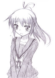  blush cardigan commentary_request female fumotono_mikoto genderswap_(mtf) kita_high_school_uniform kyonko long_sleeves monochrome open_cardigan open_clothes photoshop_(medium) ponytail purple_theme rule_63 school_uniform serafuku solo suzumiya_haruhi_no_yuuutsu tears winter_uniform 