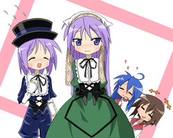  4girls ahoge aokage blue_eyes blue_hair brown_hair closed_eyes commentary_request cosplay dress hat hiiragi_kagami hiiragi_tsukasa izumi_konata kodona kusakabe_misao laughing lolita_fashion long_hair lucky_star mole mole_under_eye multiple_girls oerba_yun_fang photoshop_(medium) porkpie_hat purple_hair rozen_maiden ryouou_school_uniform school_uniform serafuku short_hair souseiseki souseiseki_(cosplay) suiseiseki suiseiseki_(cosplay) 