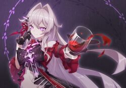  absurdres alcohol black_gloves cup dress female gloves grey_hair hair_intakes highres holding holding_cup honkai_(series) honkai_impact_3rd midriff navel pink_eyes red_dress red_wine rong_(pixiv108799890) smile solo spilling thelema_nutriscu upper_body wine 