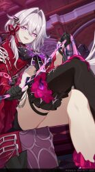  anklet asymmetrical_gloves belly black_choker black_gloves black_shorts black_thighhighs boots bright_pupils choker copyright_name cross crossed_legs female gloves hair_ornament hair_ribbon half_gloves highres holding holding_weapon holding_whip honkai_(series) honkai_impact_3rd indoors jacket jewelry long_hair long_sleeves looking_at_viewer mismatched_gloves official_art open_mouth purple_eyes red_jacket red_ribbon ribbon shorts single_bare_leg single_thigh_boot sitting smile solo thelema_nutriscu thelema_nutriscu_(mad_pleasure:_shadowbringer) thigh_boots thighhighs very_long_hair weapon whip white_hair white_pupils 