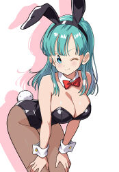 absurdres animal_ear_hairband animal_ears aqua_hair black_leotard blue_eyes bow bowtie breasts brown_pantyhose bulma_briefs cleavage detached_collar dragon_ball dragon_ball_(classic) dragon_ball_daima fake_animal_ears female hairband hands_on_own_thighs highres large_breasts leotard long_hair one_eye_closed pantyhose playboy_bunny rabbit_ears rabbit_tail red_bow red_bowtie shadow solo strapless strapless_leotard tail tetsuado white_background wrist_cuffs 