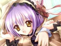  animal_ears cafe_little_wish cape cat_ears female game_cg mina_(cafe_little_wish) purple_hair ribbon solo tinker_bell_(pixiv_10956015) yellow_eyes 