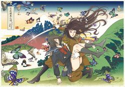  2girls \||/ arm_at_side boots bug butterfly fine_art_parody grey_socks holding holding_sword holding_weapon katana katsushika_hokusai_(1760) kneehighs koshu_inume-toge long_hair military military_uniform mount_fuji mountain multiple_girls nadeshiko_rin nature nihonga panties pantyshot parody photoshop_(medium) scenery school_uniform serafuku socks sword too_many too_many_butterflies translated ukiyo-e underwear uniform weapon 