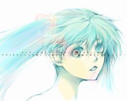  aqua_eyes aqua_hair colored_eyelashes female hair_between_eyes hair_ornament hatsune_miku heterochromia long_hair looking_at_viewer parted_lips portrait red_eyes simple_background sketch solo text_focus umu_(um) vocaloid white_background 