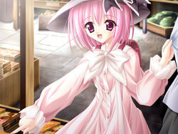  bag cafe_little_wish dress female game_cg happy hat lily_(cafe_little_wish) pink_dress pink_eyes pink_hair pointing ribbon short_hair smile solo tinker_bell_(pixiv_10956015) 