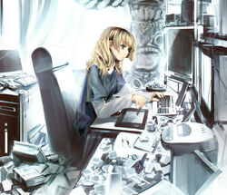  blonde_hair cigarette computer drawing_tablet ein_(long_cake) female highres long_hair messy_room original sitting solo totem 