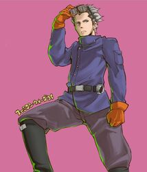  1boy adjusting_goggles advance_wars belt boots clenched_hand eagle_(advance_wars) gloves goggles goggles_on_head grey_eyes grey_hair knee_boots leg_up male_focus military military_uniform nintendo rnaru0 simple_background solo spiked_hair turtleneck uniform 