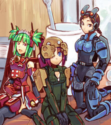  3girls brown_hair busou_shinki commentary_request doll_joints fort_bragg green_hair hishimiya_tsugaru joints lowres mini_person minigirl multiple_girls shigehiro_(hiroi_heya) waffebunny 