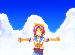  blush closed_eyes cloud commentary_request female grin hair_ribbon happy hiiragi_tsukasa kusaka_yoru lucky_star midriff outstretched_arms photoshop_(medium) pleated_skirt purple_hair ribbon ryouou_school_uniform school_uniform serafuku short_hair skirt sky smile solo spread_arms teeth 