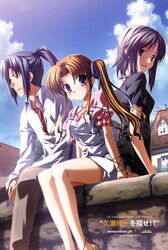  1boy 2girls back-to-back black_dress blue_sky blush brown_hair cloud day dress ef_(visual_novel) hayama_mizuki head_tilt highres hirono_nagi kuze_shuuichi long_hair looking_at_viewer multiple_girls nanao_naru outdoors ponytail purple_hair scan short_hair short_sleeves sky tareme twintails white_dress 