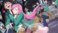  4boys akashiya_moka anime_screenshot aono_tsukune blush female long_hair multiple_boys photoshop_(medium) pink_hair rosario+vampire school_uniform skirt 