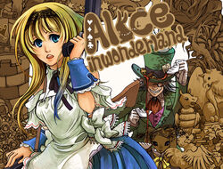  1boy alice_(alice_in_wonderland) alice_in_wonderland blonde_hair blue_eyes commentary_request dress female fujiwara_(fujiwara43) glasses grin gun hairband hat long_hair mad_hatter_(alice_in_wonderland) march_hare_(alice_in_wonderland) rabbit smile weapon wrist_cuffs 