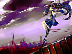  black_hair cityscape cloud detached_sleeves female hatsune_miku long_hair painttool_sai_(medium) shiinoyuko sitting skirt sky solo twintails very_long_hair vocaloid 