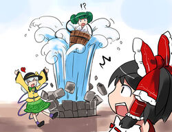  !? 3girls \o/ ^^^ ^_^ arms_up bucket closed_eyes commentary_request geyser hakurei_reimu hirosato in_bucket in_container kisume komeiji_koishi multiple_girls outstretched_arms touhou water well wooden_bucket 