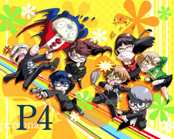  3boys 4girls :&gt; amagi_yukiko blue-framed_eyewear chibi closed_eyes commentary_request glasses golf_club gun hanamura_yousuke hand_fan hand_on_headwear hand_to_own_mouth handgun kujikawa_rise kuma_(persona_4) multiple_boys multiple_girls narukami_yuu pantyhose persona persona_4 photoshop_(medium) pink-framed_eyewear red-framed_eyewear revolver satonaka_chie satsuki_yuu_(awairo) school_uniform shirogane_naoto sunglasses tatsumi_kanji thighhighs weapon yasogami_school_uniform 