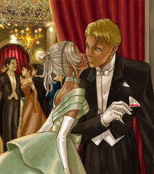  5boys alcohol artist_request ballroom blonde_hair couple crossdressing dark-skinned_male dark_skin dress elbow_gloves female formal gloves guin_sard_lineford gundam hair_up indoors kissing laura_rolla loran_cehack male_focus multiple_boys otoko_no_ko realistic source_request turn_a_gundam white_hair wine yaoi 