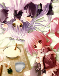  2girls animal_ears cafe_little_wish cat_ears dress food hat lily_(cafe_little_wish) long_hair lying mina_(cafe_little_wish) multiple_girls pink_dress pink_eyes pink_hair purple_hair ribbon short_hair tinker_bell_(pixiv_10956015) yellow_eyes 